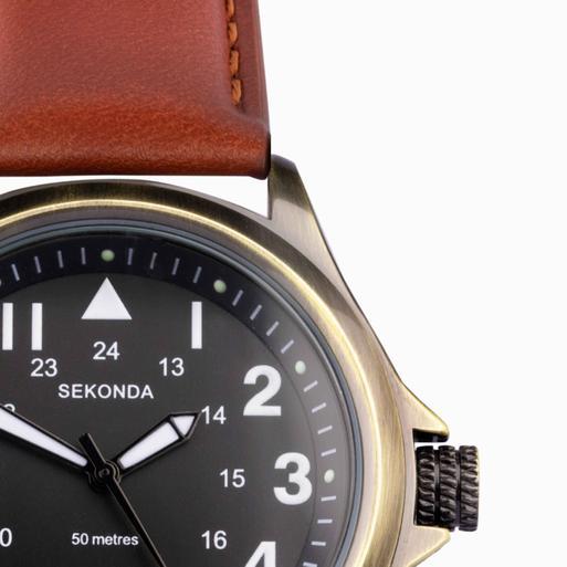 Sekonda Altitude Men's Watch | Bronze Case & Brown Leather Strap with Black Dial | 30033